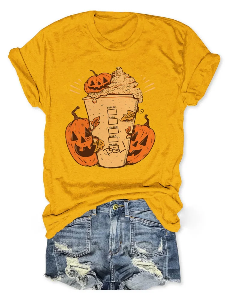 Halloween Pumpkin Coffee Print Crew Neck Short Sleeve T-Shirt