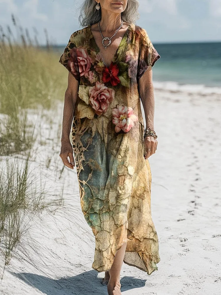 Women's Vintage Lovely Floral Art Print Pocket Cotton Dress
