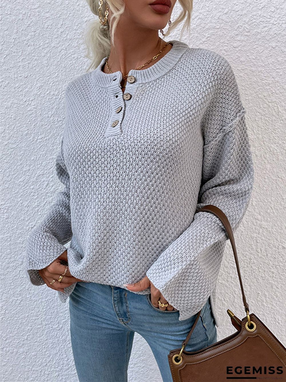 Casual Solid Color Sweater with Round Neck and Buttons | EGEMISS