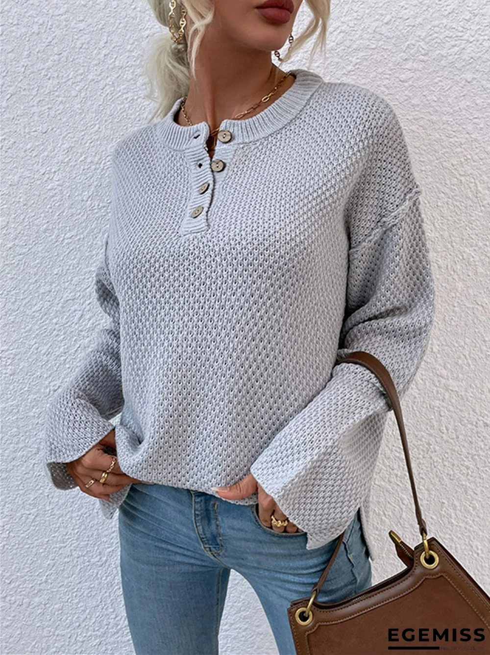 Casual Solid Color Sweater with Round Neck and Buttons | EGEMISS