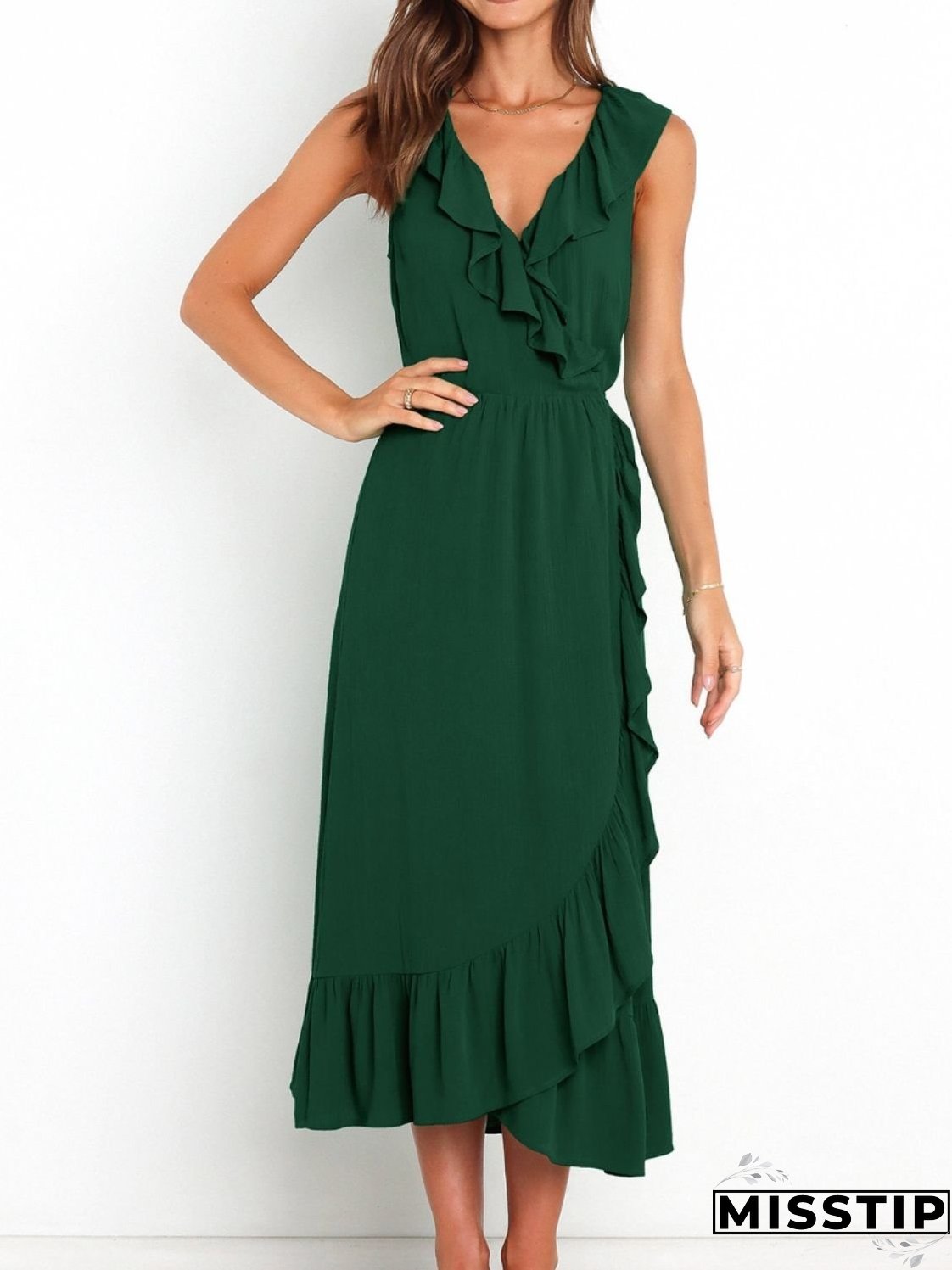 Ruffled Surplice Sleeveless Midi Dress