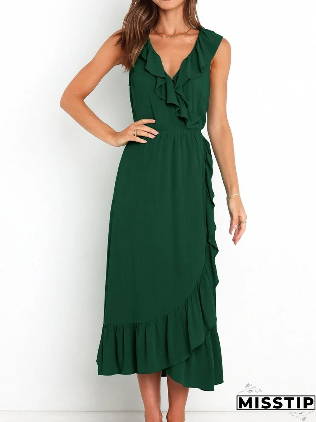 Ruffled Surplice Sleeveless Midi Dress