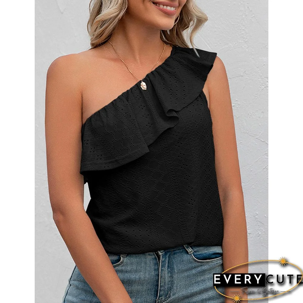 Black Ruffled One Shoulder Tank Tops