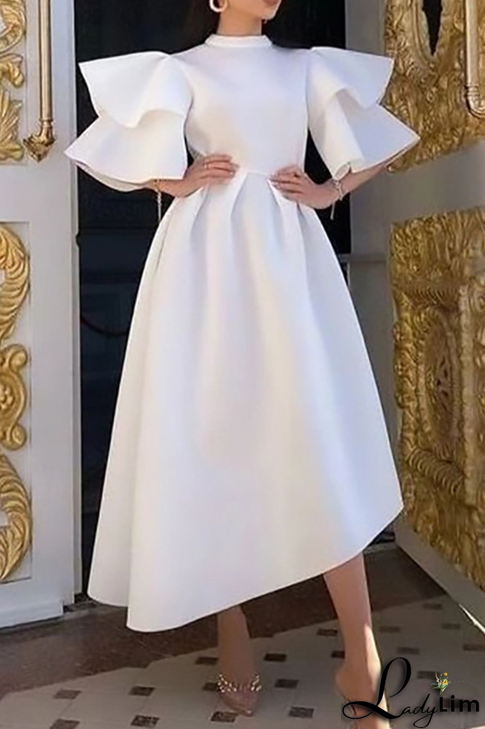 Yellow Fashion Formal Solid Patchwork Half A Turtleneck Evening Dress