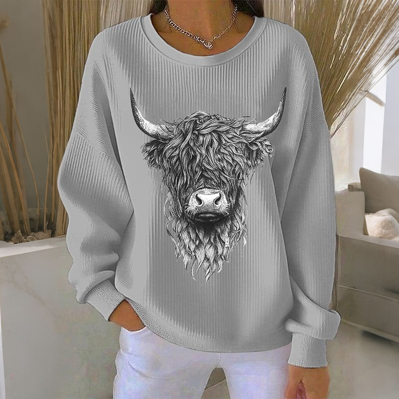 Women's Highland Cow Print Casual Crew Neck Sweatshirt elevenforest