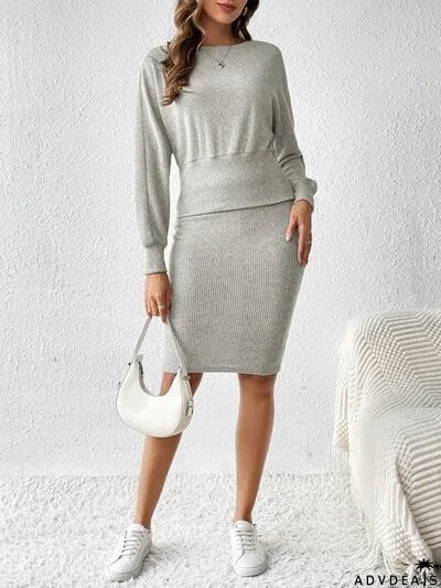 Ribbed Round Neck Top and Skirt Set