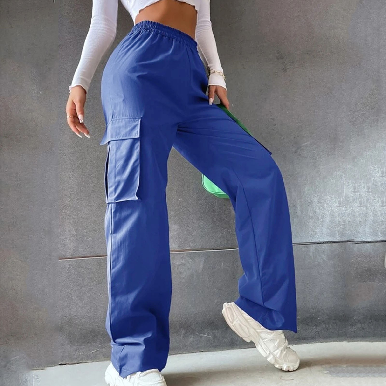 Women Pockets Casual Pants Solid Overalls Mid Waist Elastic Waist Loose Cargo Pants Trousers