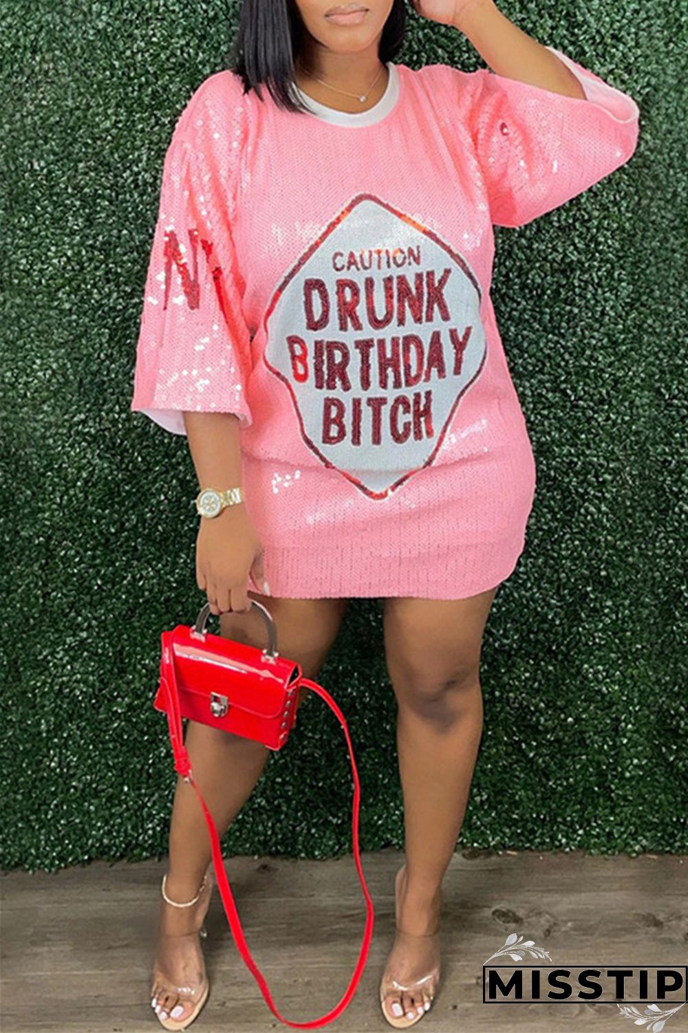 Rose Red Fashion Casual Patchwork Sequins O Neck A Line Dresses