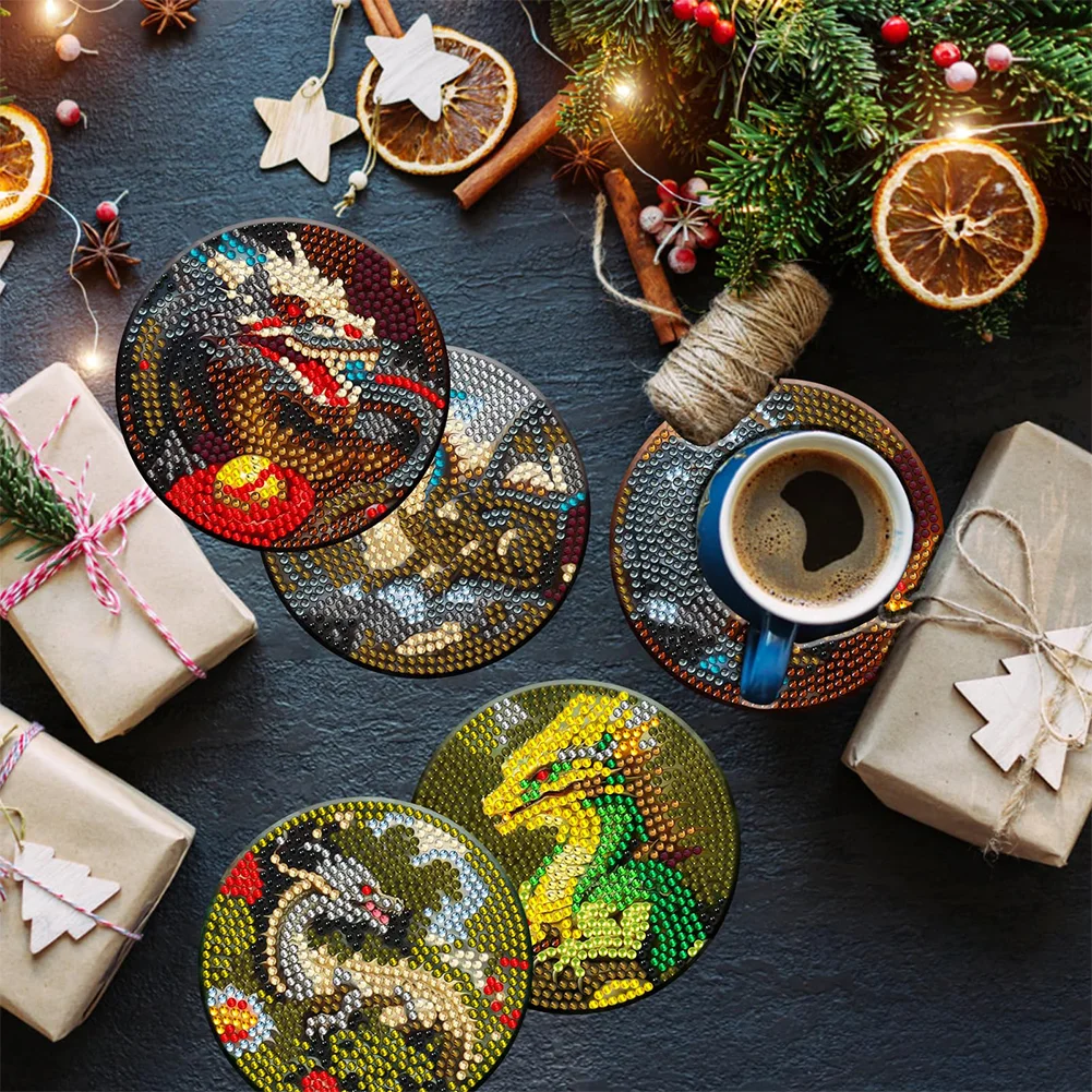 8pcs DIY Dragon Diamond Painting Wooden Coasters Kits for Adults Kids Beginner Gift Supplies