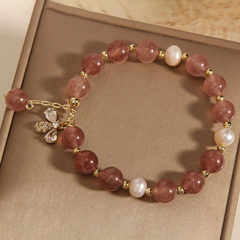 Strawberry Quartz Pearl Cute Zircon Honeybee Positive Charm Bracelet