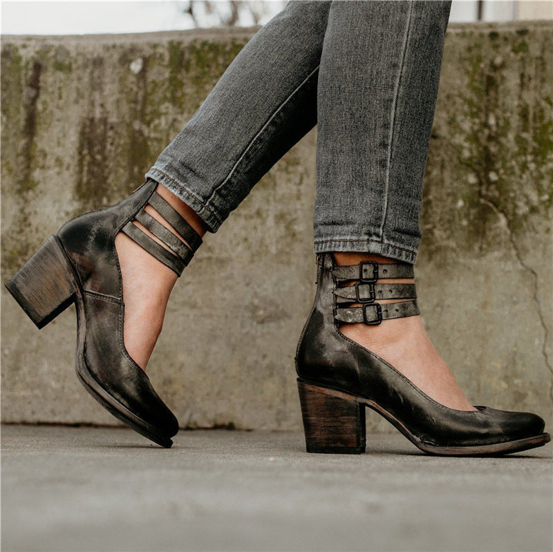 3 ankle straps retro block heels pumps | Summer dressy pumps