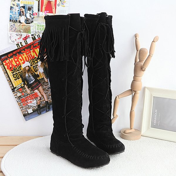 Women New Boho Casual Cross Strap Lace Up Flat Tassel High Boots Fashion Shoes - Life is Beautiful for You - SheChoic