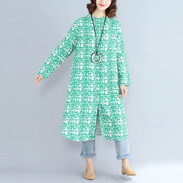 2018green print long cotton linen dresses plus size clothing Stand cotton linen gown casual long sleeve side open baggy dresses