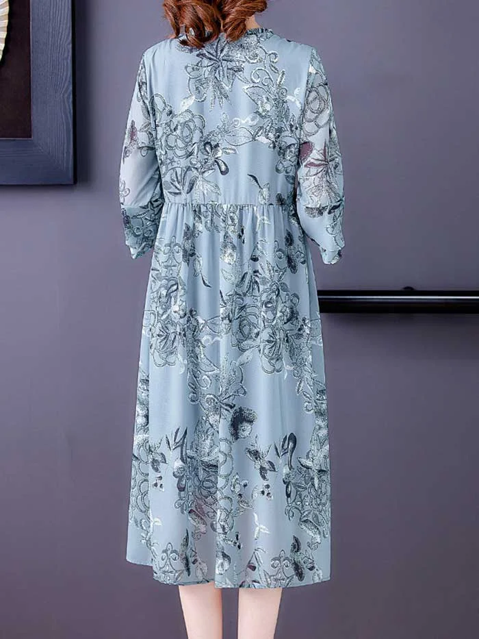 Women's new chiffon print v-neck ruffle dress