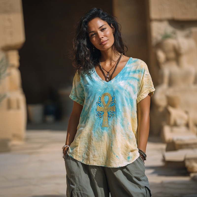 Ankh Ancient Egyptian Embroidered Gradient Art Linen T-shirt