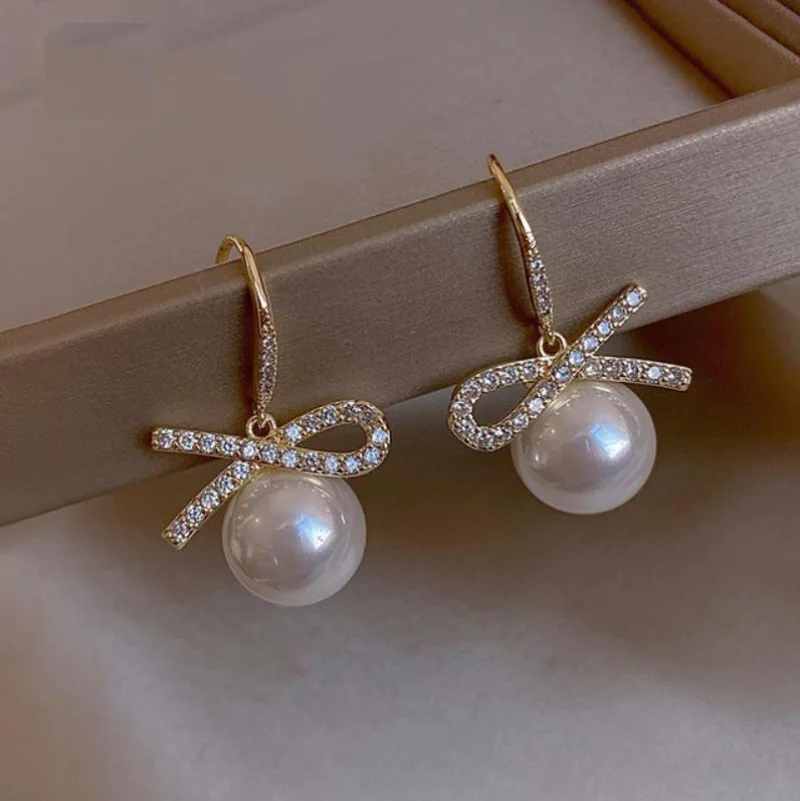 Rhinestone Bow Pearl Earrings