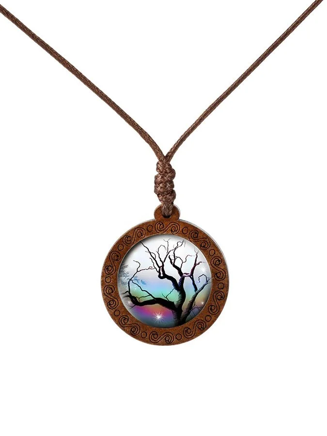 Wood Tree of Life Time Gemstone Glass Pendant Necklace socialshop