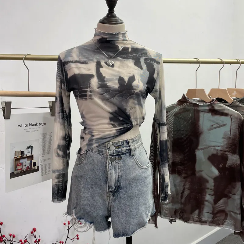 Churchf Real Shooting Wave Side Half-High Collar Net Yarn Dyed Long Sleeve Thin Inside The Bottom Shirt Autumn And Winter Folded T-Shirt 8921