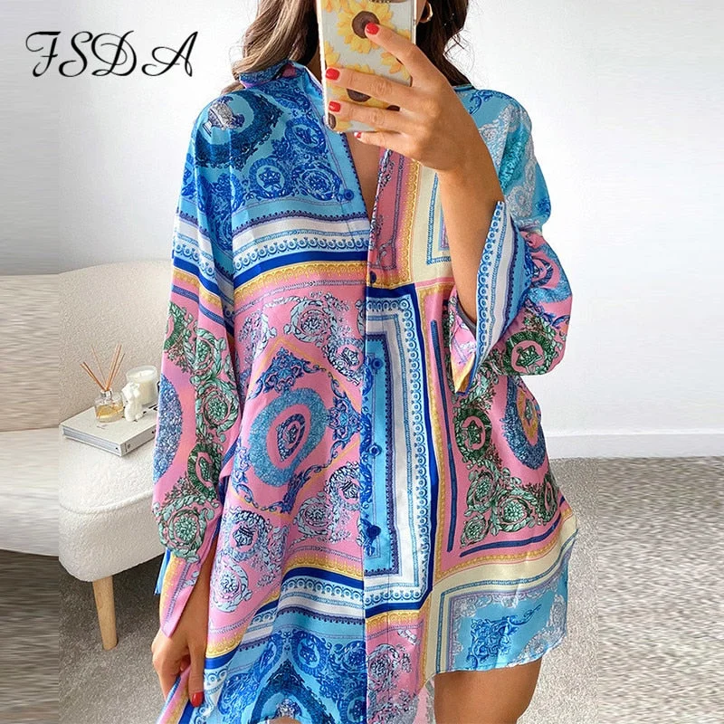 FSDA 2021 Summer Long Sleeve Shirt Dress Women V Neck Print Blue Loose Beach Sexy Party Casual Green Dresses