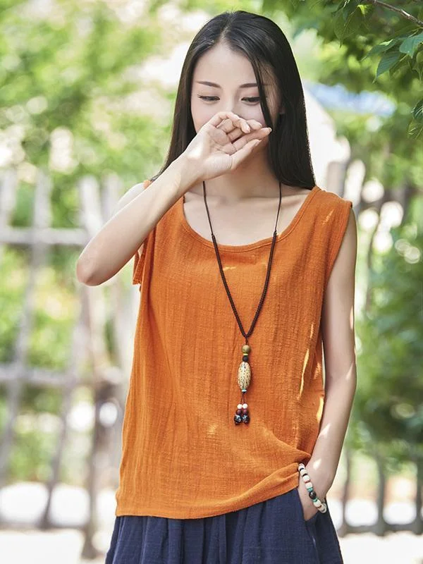 Soft Solid Color Sleeveless Ramie Cotton T Shirt