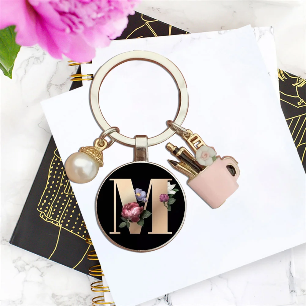 Resin Alphabet Letter Keychain Pearl Alphabet Key Ring Charms for Key Handbag Backpack