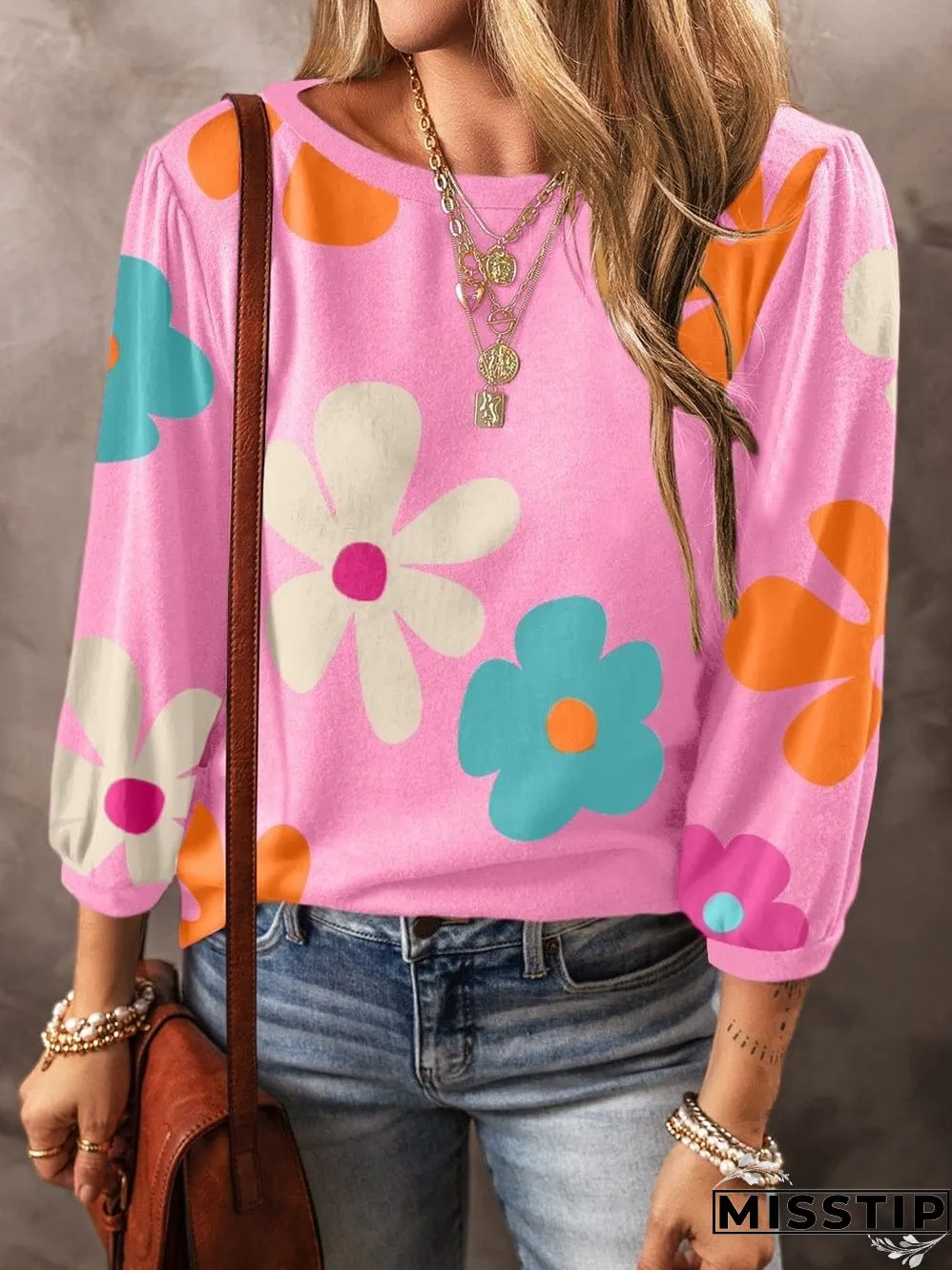 Floral Print Balloon Sleeve Top for Women