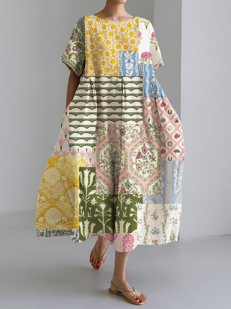Women's retro botanical patchwork printed long hem dress socialshop