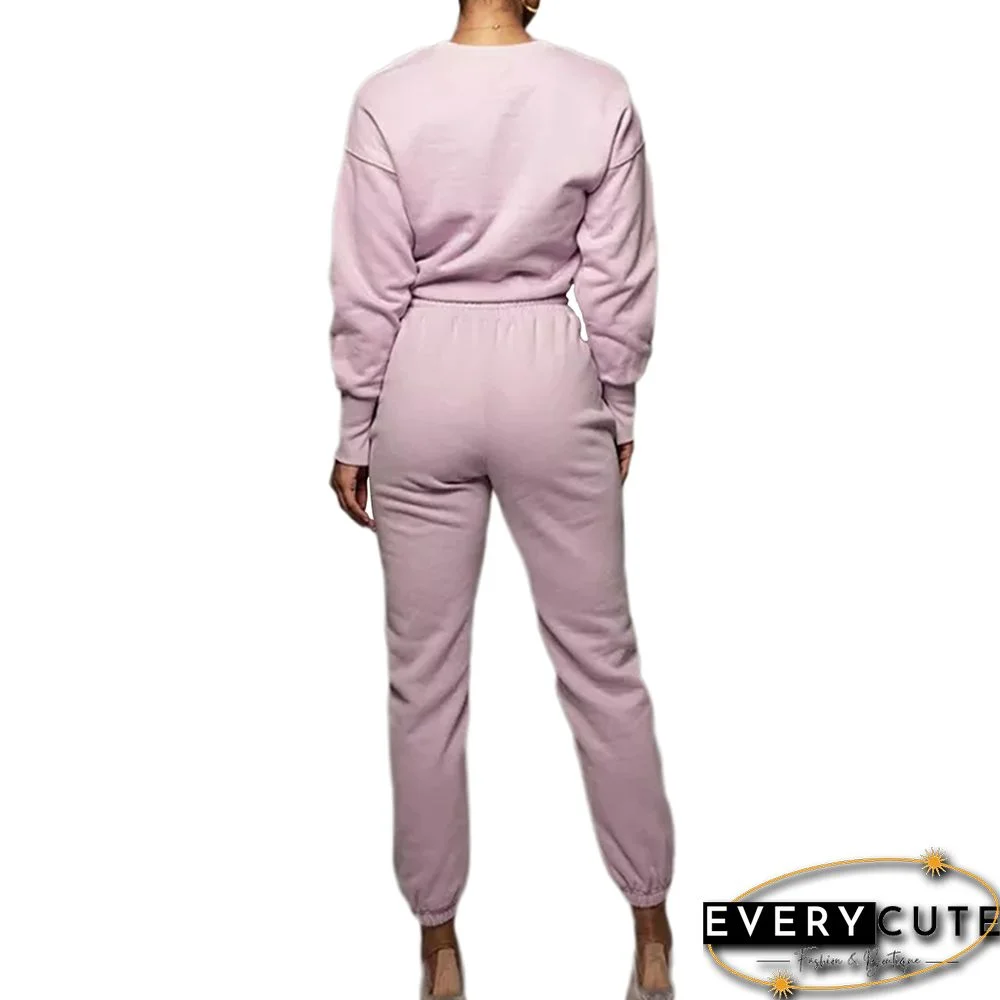 Pink Wrap V Neck Crop Hoodie and Pant Set