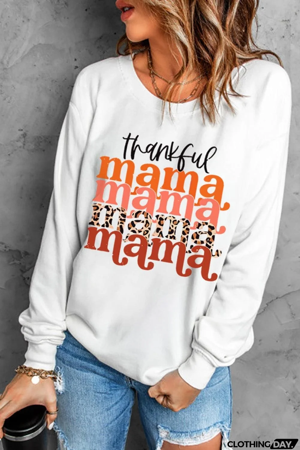THANKFUL MAMA Graphic Dropped Shoulder Round Neck Sweatshirt