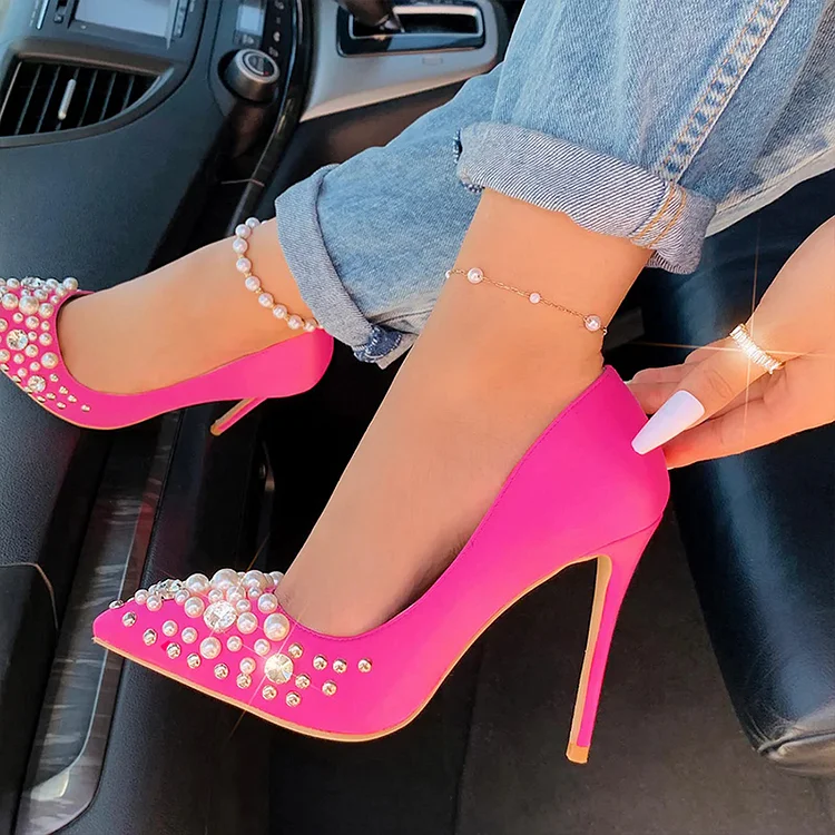 Hot Pink Suede Heels Pearls Shoe Party Stiletto Pumps Vdcoo