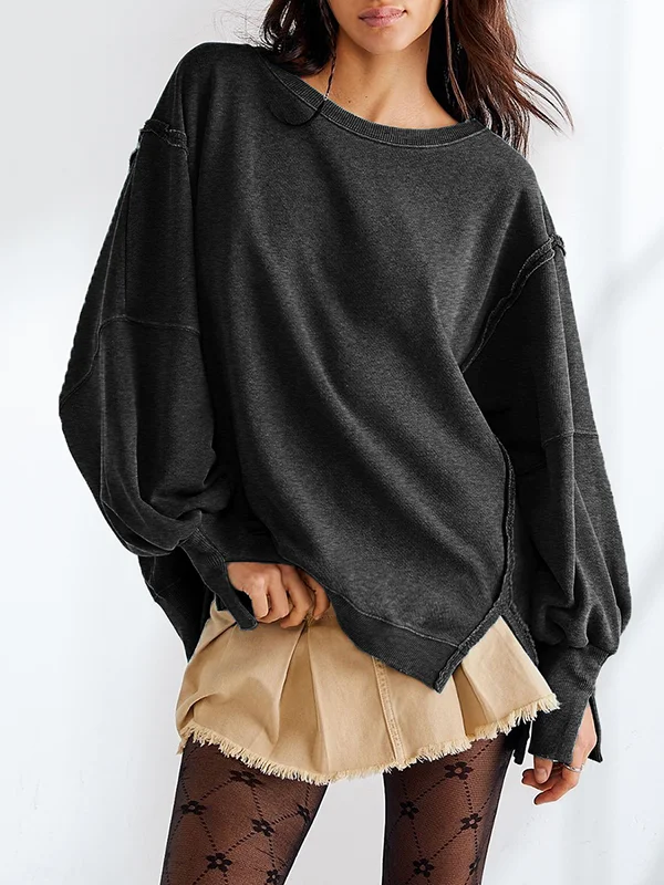 Fringed Solid Color Split-Joint Split-Side Long Sleeves Loose Round-Neck Sweatershirt