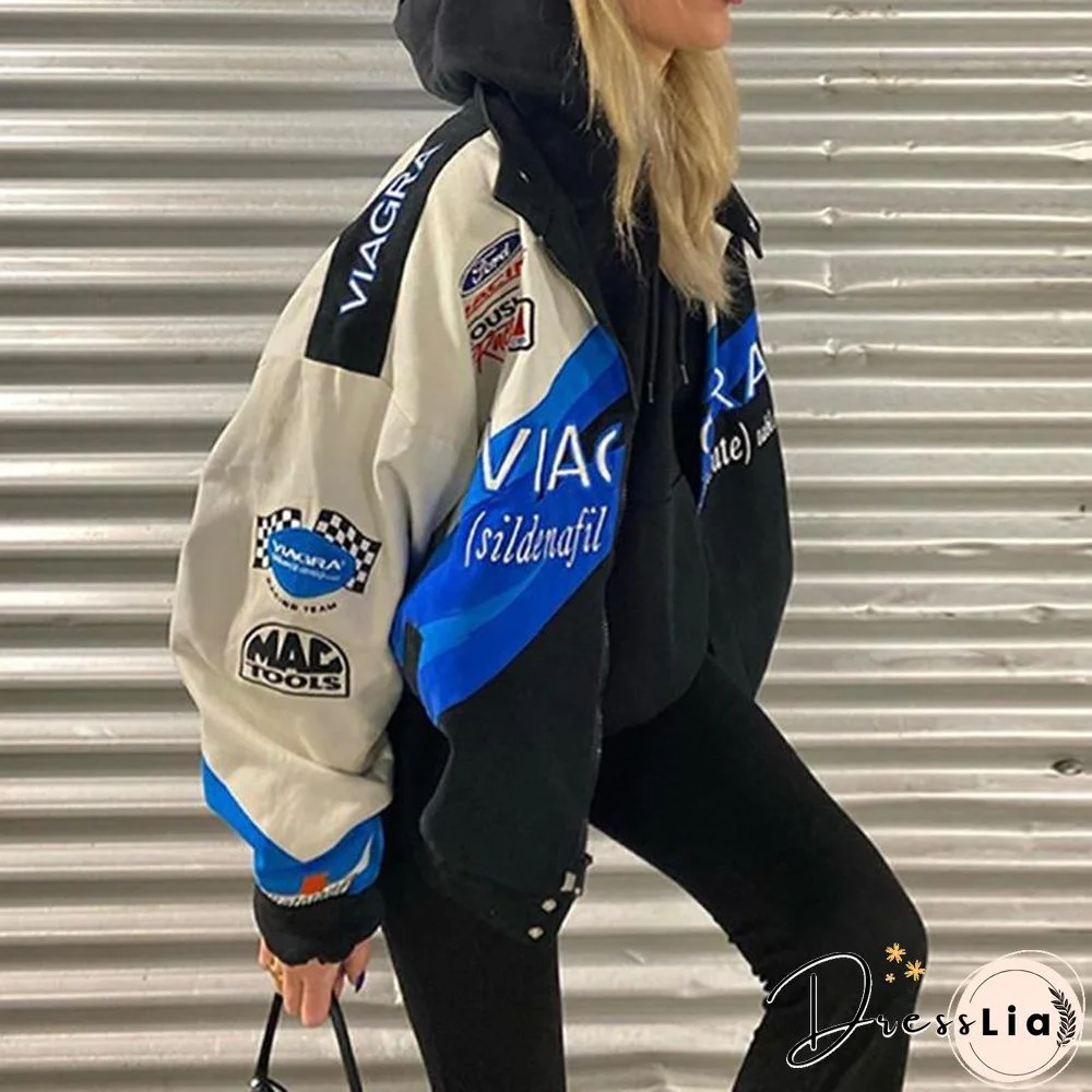 Blue Jacket Wife Bomber Jacket Women Casual Printed Jacket Colorblock Jacket Spring Sport Style Woman Jacket Chaqueta Mujer 1027
