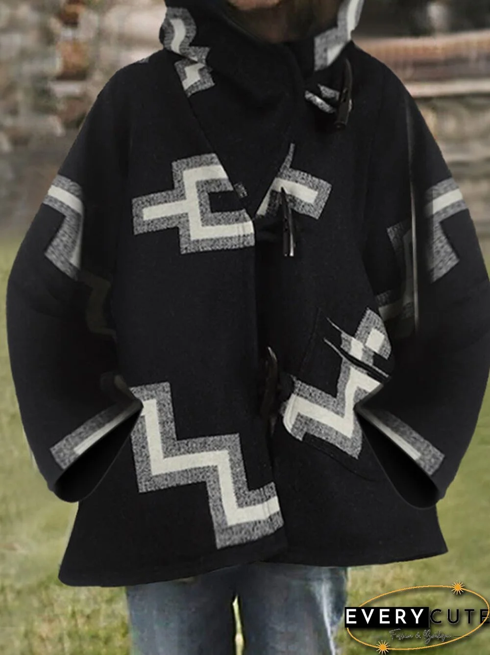 Geometric Print Long Sleeve Hooded Casual Coat For Women