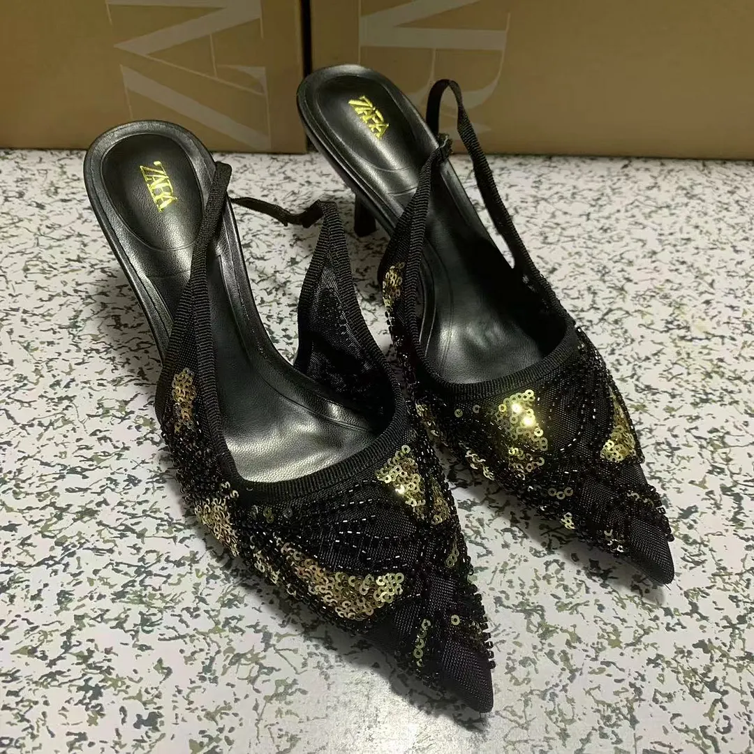Breakj Breakj Home 2025 New Women's Shoes Low Heel Temperament High Heel High-Heeled Shoes Black Gold Glide After The Stumbling Single Shoes