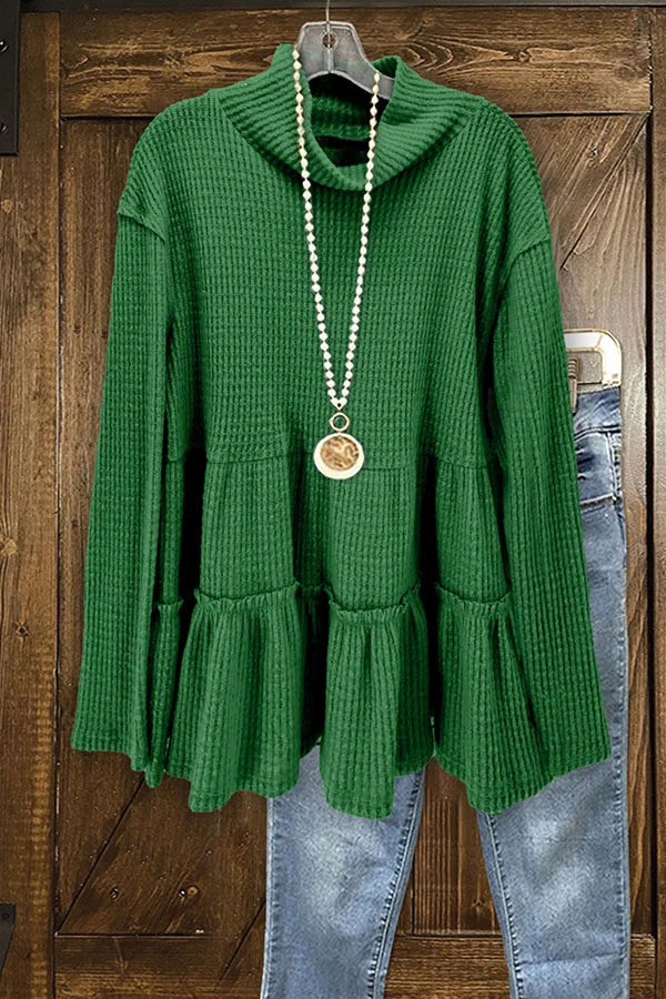 Ruffled Crinkled Casual High Neck Knit Top