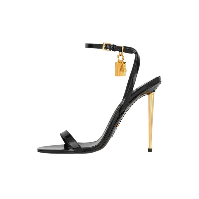 VCSHOES Gold Padlock High Heel One Word Buckle Open Toe Thin Heels Leather Shoes Ankle Strap Gladiator Sandal