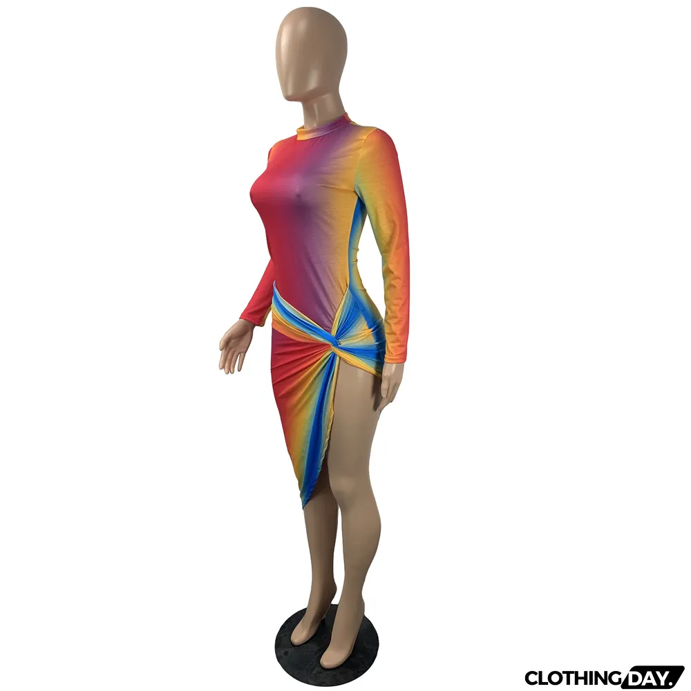 Sexy Gradient Long Sleeve Irregular Midi Dress