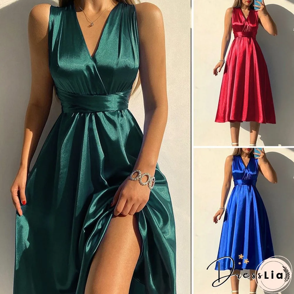 Womens Satin Silk Sexy Long Dress Sleeveless V Neck Blackless Party Elegant Casual Midi Dresses Plus Size