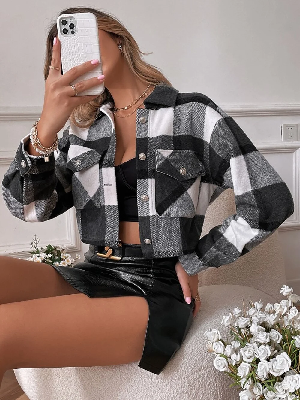 Jangj Women Long Sleeve Elegant Office Short Coats Plaid Printed Female Autumn Winter Korean Style Tops with Pockets