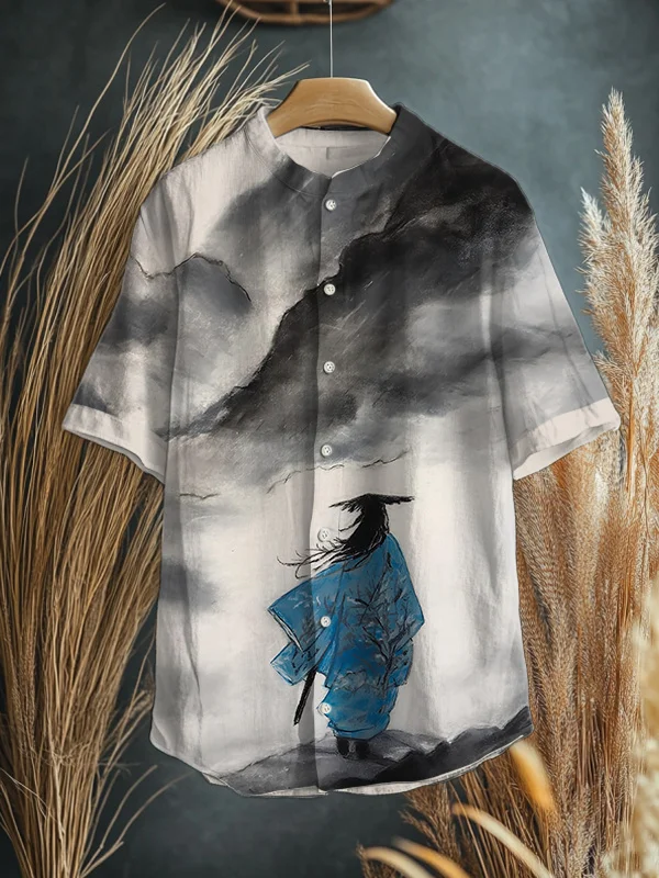 Men's Retro Japanese Art Swordsman Print Short Sleeve Shirt