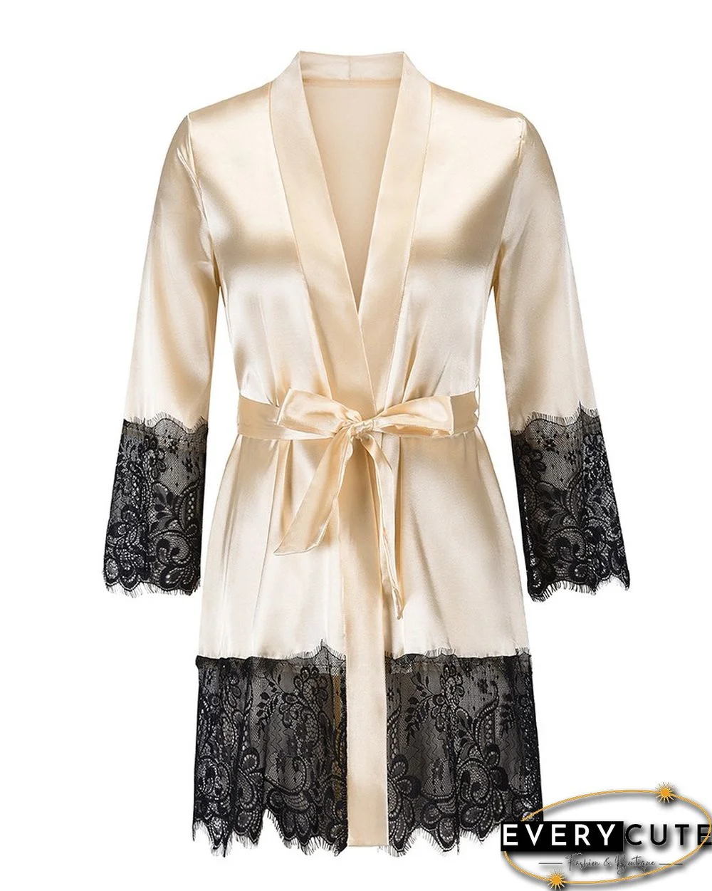 Eyelet Lace Patch Satin Long Sleeve Robe