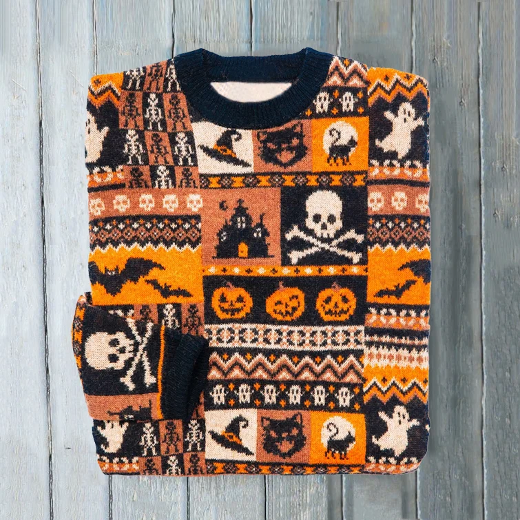 Halloween Pumpkin Ghost Print Crew Neck Sweater