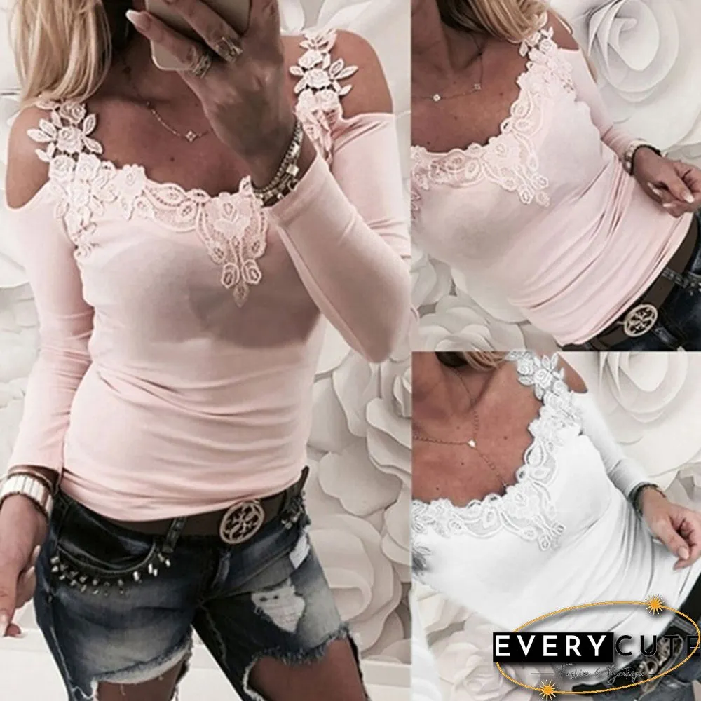 Lace Out Flowers Crochet Long Sleeve Blouse Womens Sexy Cold Shoulder Slim Tops