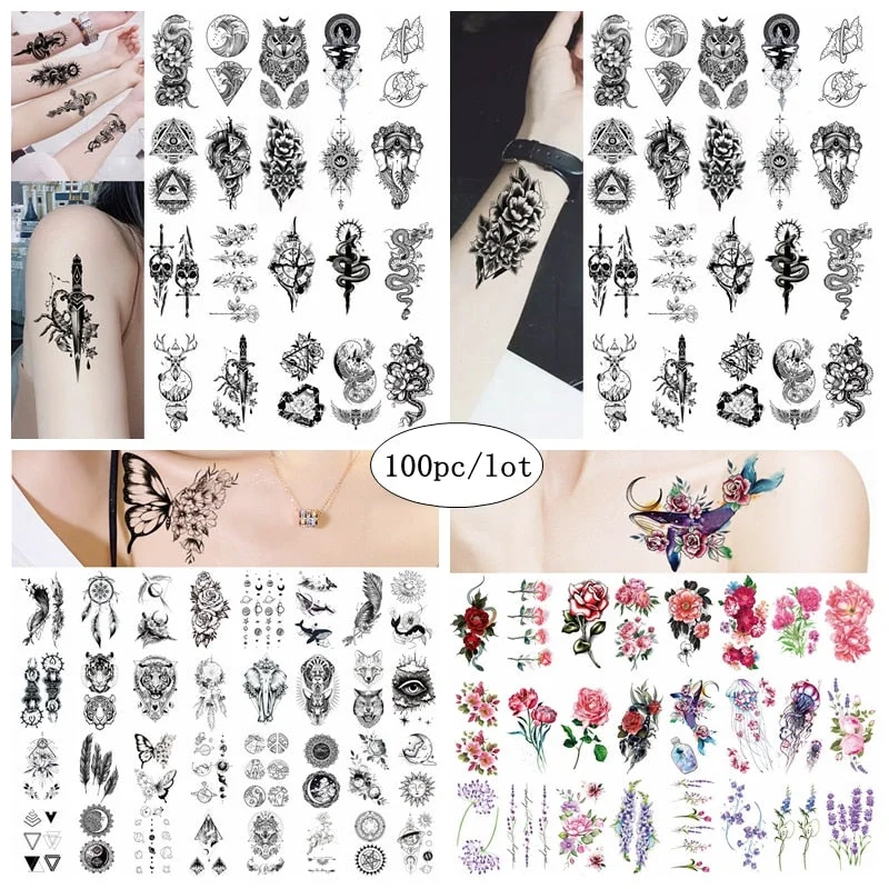 100 Piece Small Totem Animal Waterproof Temporary Tattoo Sticker Men Women Wholesale Flower Body Art Fake Sexy Arm Tattoo Set