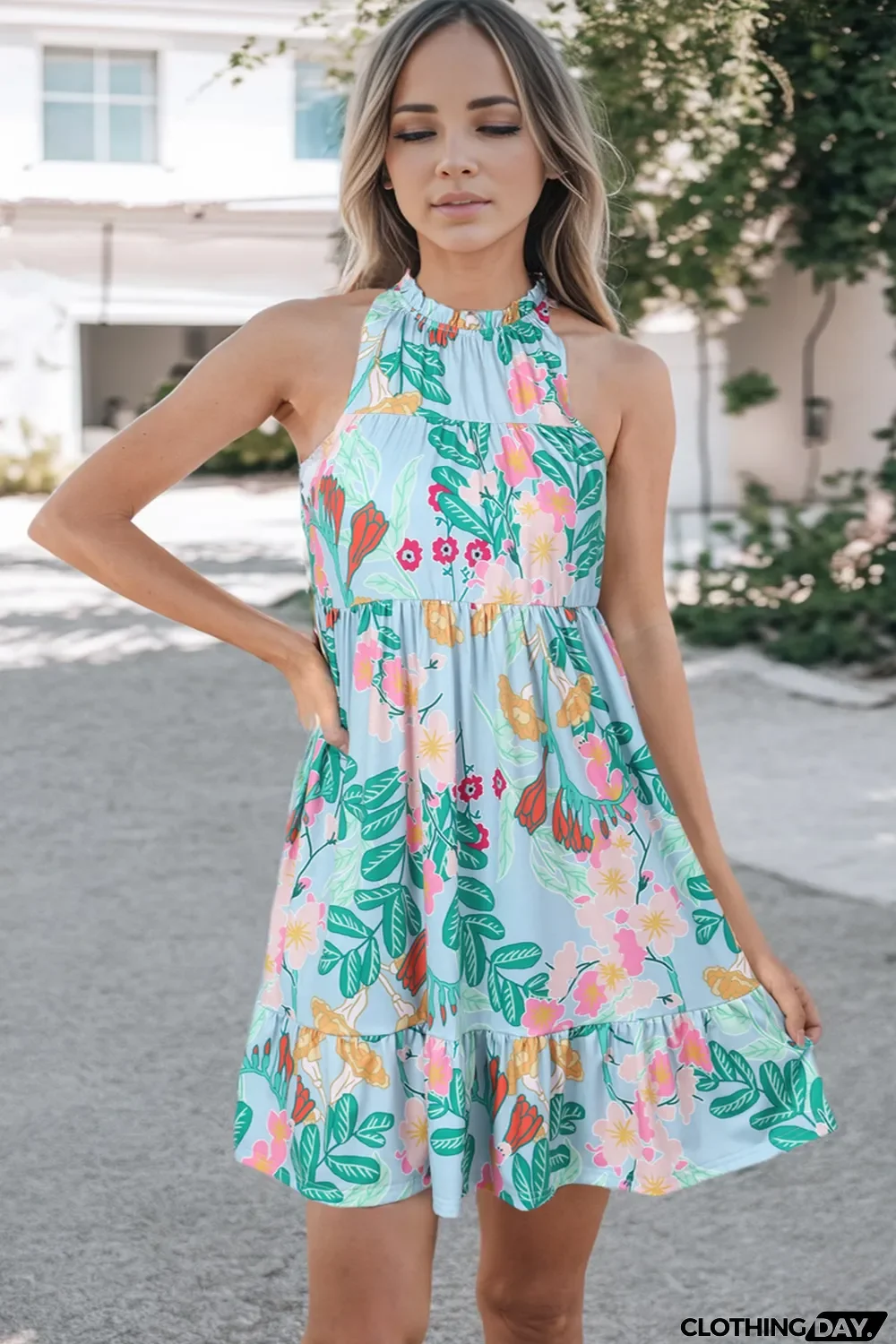 Sky Blue Floral Print Ruffled Lace-up Mock Neck Mini Dress