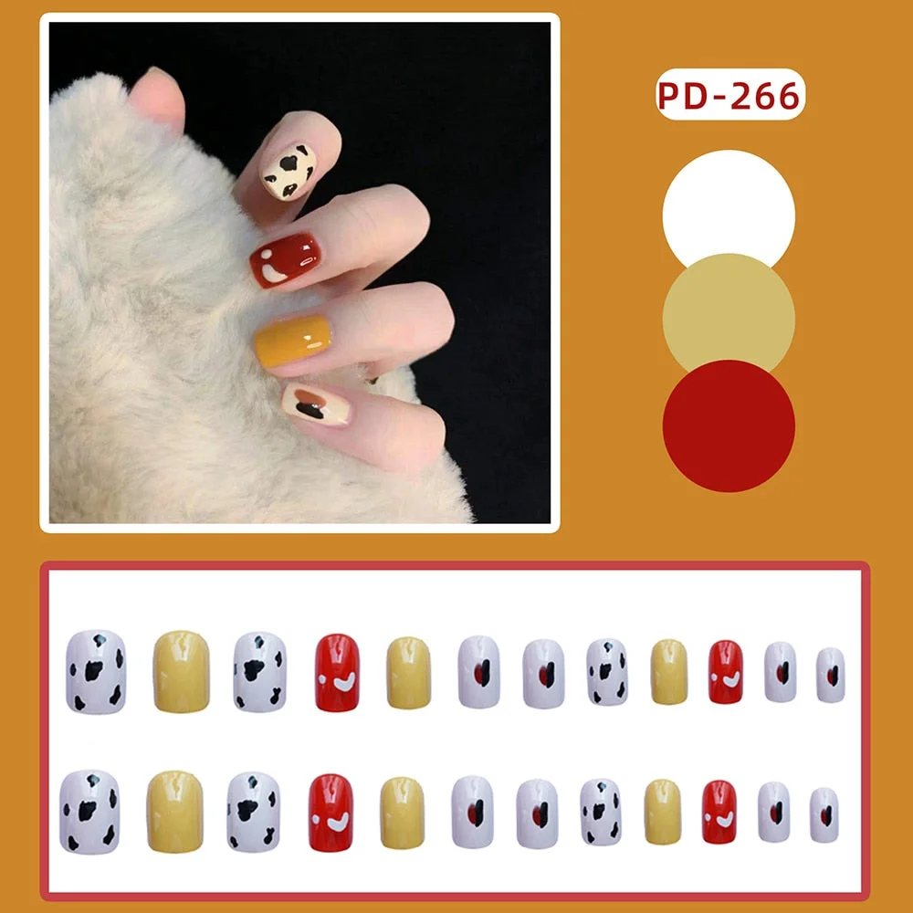 24pcs/box fake short nails with glue round head Finished Nails Manicure Patches Strawberry Patches press on nails with designs-Nail Inspo