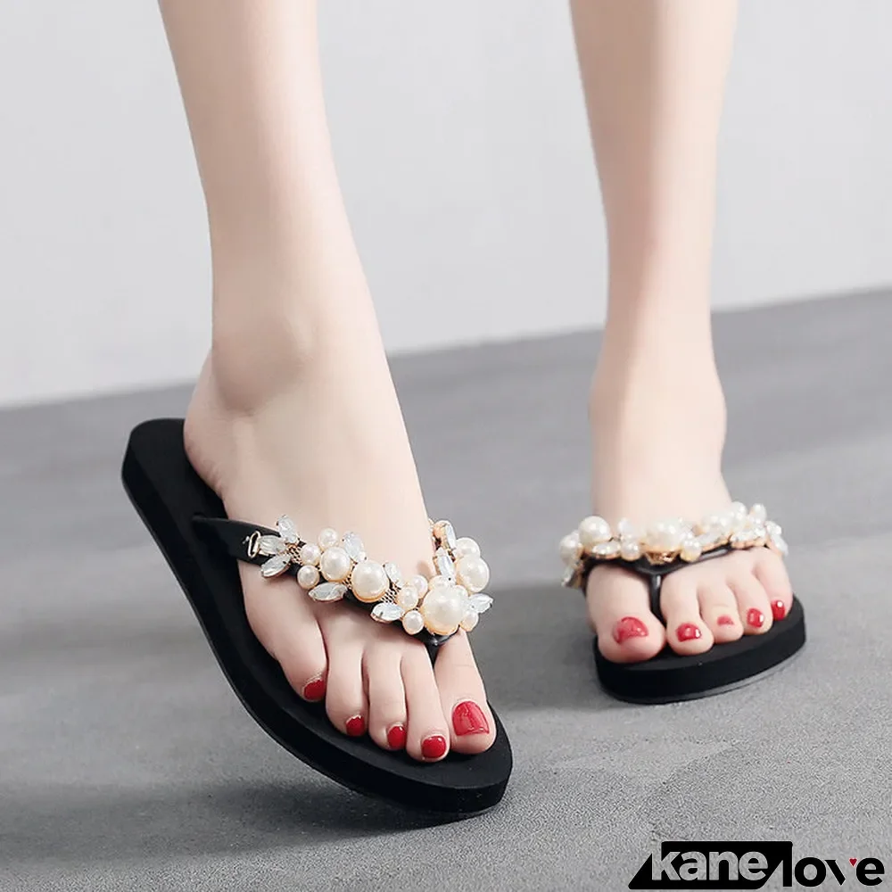 Women's Pearl Rhinestone Flip Flops