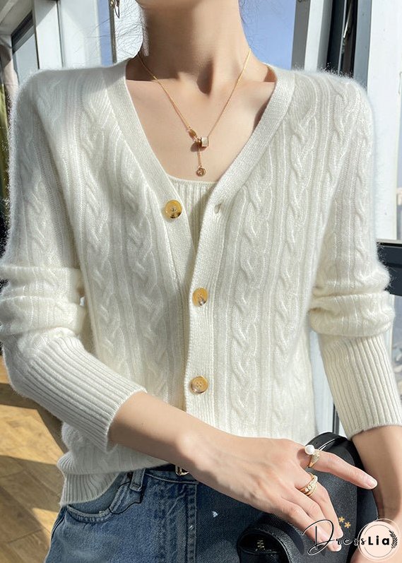 Italian Pink V Neck Solid Cable Wool Knit Cardigans Fall