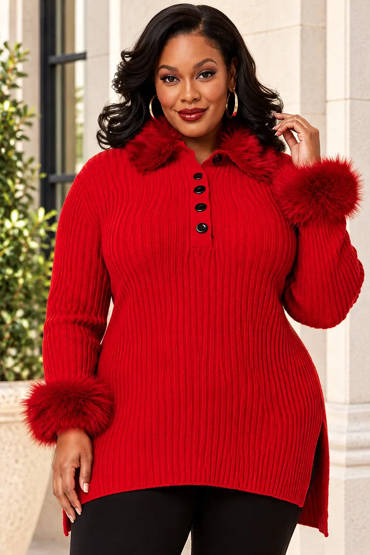Xpluswear Design Plus Size Daily Faux Fur Red Turndown Collar Long Sleeve Crochet Sweaters [Pre-Order] 2024 - Xpluswear