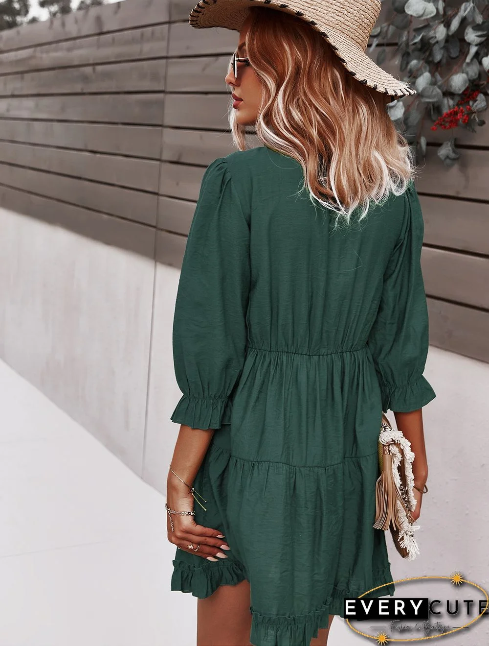 Green V Neck Ruffle Mini Dress
